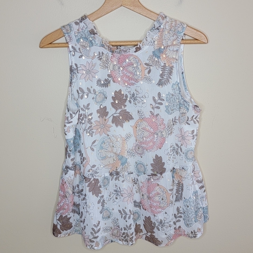 LOFT Floral & Metallic Polka Dot Peplum Tie Back Tank Blouse Size XS